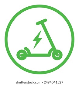 Electric scooter. Icon of electro bike illustration. Logo for rental. Electric scooter isolated on white background. Eco transport with charge sign. Green e-scooter for mobility of ride. Vector EPS10