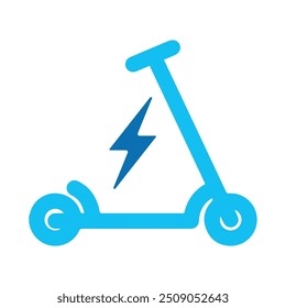 Electric scooter. Icon of electro bike illustration. Logo for rental. Electric scooter isolated on white background. Eco transport with charge sign. Blue e-scooter for mobility of ride. Vector EPS 10