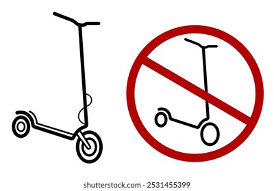 Icono de la vespa eléctrica y muestra restringida de la vespa. Ilustración vectorial en un fondo blanco. Sin scooter, prohibido.