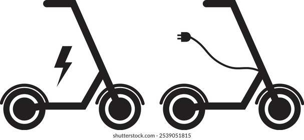 Conjunto de iconos de scooter eléctrico. Colección de la ilustración eléctrica del icono de la vespa. Iconos planos del Vector, vespa amistosa del Transporte