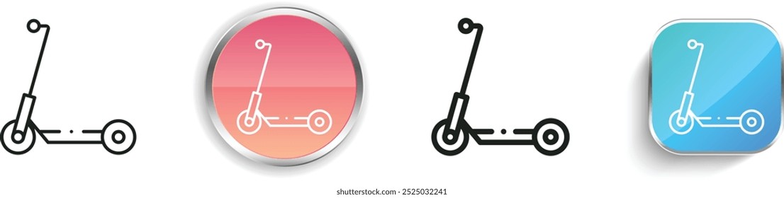 Icono de scooter eléctrico. Diseño de estilo lineal delgado, regular y de Botón aislado sobre fondo blanco