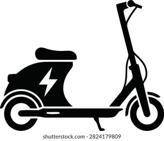 Electric scooter icon, vector illustration of an e-scooter with a lightning bolt symbol, representing sustainable urban transportation and eco-friendly travel.