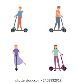 Electric scooter icons set cartoon vector. Man and woman riding electric scooter. Eco friendly transport