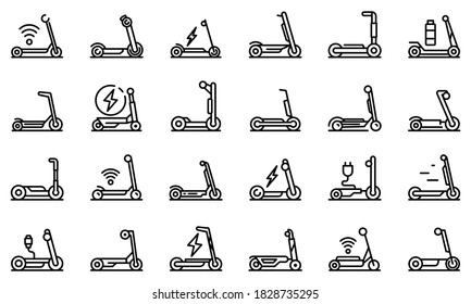 Electric scooter icons set. Outline set of electric scooter vector icons for web design isolated on white background