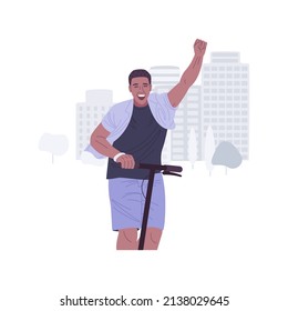 Electric scooter isolated cartoon vector illustrations. Happy man riding eco-friendly scooter on the street, people urban lifestyle, city transportation, personal transport vector cartoon.