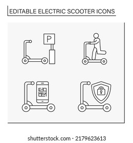  Electric scooter line icons set. Fast movement transport. Transportation concepts. Isolated vector illustrations. Editable stroke