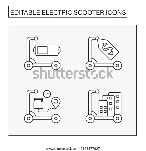  Electric scooter line icons set. Fast movement\
transport. Transportation concepts. Isolated vector illustrations.\
Editable stroke