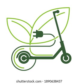 Electric scooter logo design, eco-friendly sustainable transport concept. Vehicle silhouette with socket and organic leaves