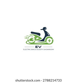Electric scooter logo design featuring a modern EV scooty with green eco wheels, an electric plug, and lightning bolt symbols, isolated on a white background. Vector illustration perfect for electric bike showrooms, EV charging stations, sustainable urban mobility, green energy transportation, and corporate branding.