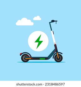 Logo de la motocicleta eléctrica. Transporte ecológico de la ciudad. E-Scooter con cargador. Estación de carga de motocicletas públicas. Energía verde sostenible para el medio ambiente ecológico. Ilustración vectorial plana