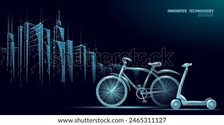  Electric scooter low poly design. Eco micromobility transport last-mile problem solution. Pick up scooter-sharing rental system. E-scooter urban mobility vector illustration