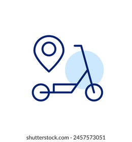 Electric scooter and map pointer. Rental point location. Modern urban transportation using mobile apps. Vector icon