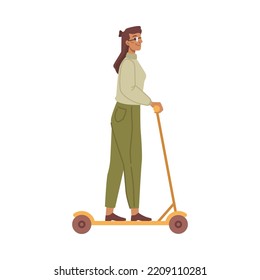 Electric scooter means of commuting, ecologically friendly transport. Isolated female character riding on board, sustainable vehicle. Vector in flat style