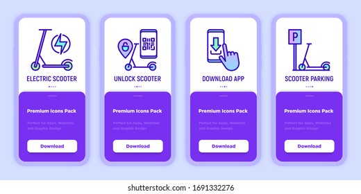 Electric scooter mobile user interface with thin line icons: sharing service, charging, unlock scooter, parking. Modern vector illustration, template with copy space.