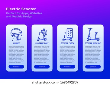 Electric scooter mobile user interface with thin line icons set: helmet, eco transport, sharing service, check in mobile app. Modern vector illustration, template with copy space.