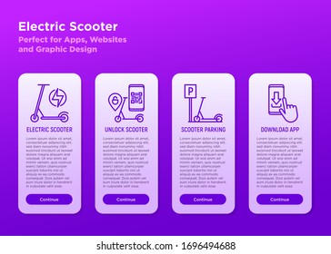 Electric scooter mobile user interface with thin line icons: sharing service, charging, unlock scooter, parking. Modern vector illustration, template with copy space.