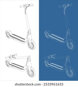 electric scooter . modern eco friendly vehicles line art draw blueprint from side isolated in transparent background 