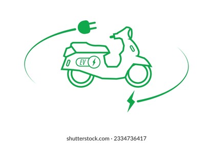 Ilustración de vectores de motocicleta eléctrica con enchufe eléctrico y símbolo de relámpago. El concepto de vehículo eléctrico ecológico.