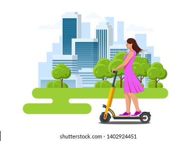 Electric Scooter on the road. Electric scooter transportation you can rent for a quick ride. Eco city transport.
