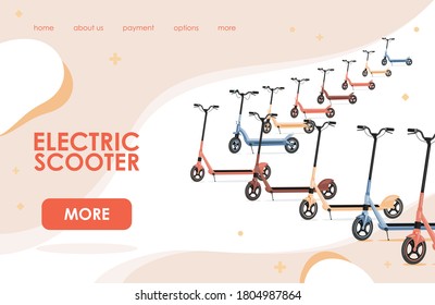 Electric scooter online shop landing page template with text. Different modern scooters vector flat illustration. Eco friendly urban transport, personal transportation gadget concept.