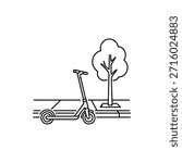 Electric scooter parked on a sidewalk near a tree representing urban mobility and clean transport