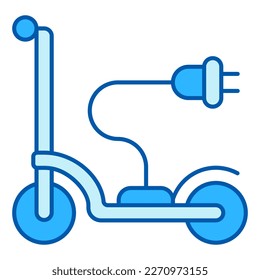 Electric scooter and plug on a wire for connecting to a mains with current - icon, illustration on white background, color style