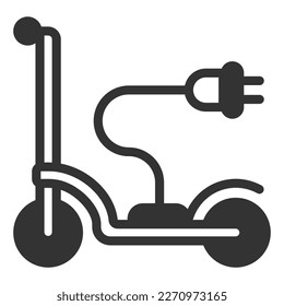 Electric scooter and plug on a wire for connecting to a mains with current - icon, illustration on white background, glyph style