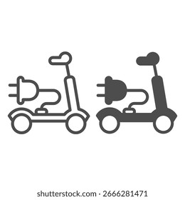 Scooter elétrico, plugue e fio linha e ícone sólido, recarregando conceito de transporte elétrico, sinal de veículo inteligente no fundo branco, ícone de estilo de contorno para design móvel e web. Gráficos vetoriais