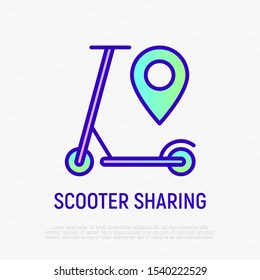 Electric scooter with pointer. Thin line icon of transport sharing service. Modern vector illustration.