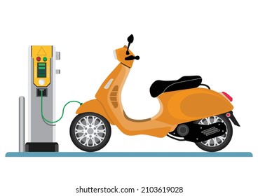 Electric scooter recharging batteries at Charging Station. Electric scooter and charging station isolated on white. Eco City Transportation. vector illustration.