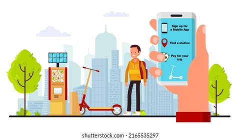 Electric scooter rent mobile app flat vector illustration. Order escooter transport online, find location and wireless payment services on smartphone