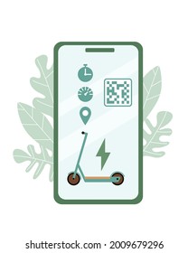 Electric scooter rent mobile application. QR code, location, battery charge, time and speed on the screen of smartphone. Eco-friendly alternative transport, friendly to the environment. Kick scooter.