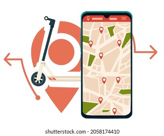 Electric scooter rental app on smartphone with map vector illustration on white background