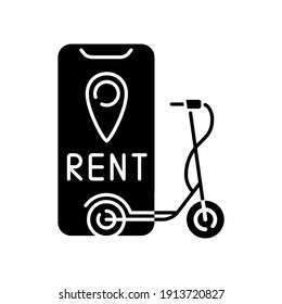 Electric scooter rental black glyph icon. Service in which electric motorized scooters are made available to use for short term rentals. Silhouette symbol on white space. Vector isolated illustration
