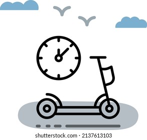 Concepto de Horas de Alquiler de Escocia Eléctrica, e-ciclomotor con reloj Diseño de Icono Vector, Símbolo de Transporte Verde, Signo de Coopa Motorizada Ecológica, aplicación móvil ui, pulsador y ilustración de material de vehículo callejero