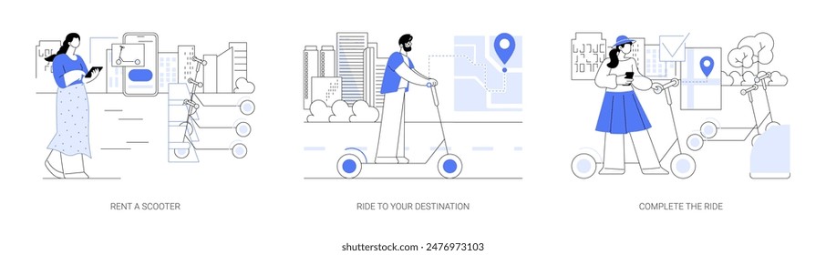 Electric scooter rental isolated cartoon vector illustrations set. Renting with smartphone app, happy person riding the street, complete ride with mobile software, urban transport vector cartoon.