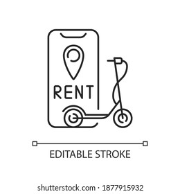 Electric scooter rental linear icon. Service with electric motorized scooters are made available. Thin line customizable illustration. Contour symbol. Vector isolated outline drawing. Editable stroke