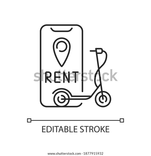 Electric scooter rental linear icon. Service with\
electric motorized scooters are made available. Thin line\
customizable illustration. Contour symbol. Vector isolated outline\
drawing. Editable\
stroke