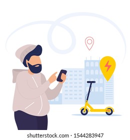 Electric scooter rental. Man is looking for a scooter through the application on his phone. Looking for scooter location. Modern fans isolated on white background. Сartoon flat vector illustration.