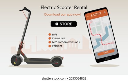 Electric scooter rental mobile app concept. Internet advertisement mock-up. Ads template. E-scooter sharing service. Realistic vector illustration