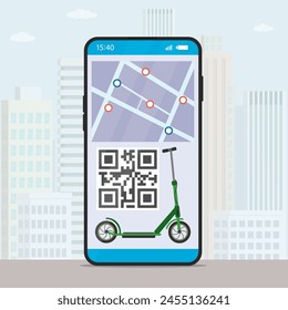 Elektroroller mieten mobile Anwendung mit Karte der verfügbaren Transporte und QR-Code. App zur Vermietung, moderne Technik. Öko-Verkehr in der Stadt. Urbane Hintergrundansicht. Vektorillustration