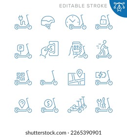 Electric scooter rental related icons. Editable stroke. Thin vector icon set