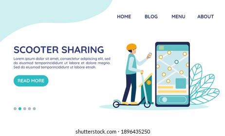 Electric scooter rental website landing page, vector template concept. Man in helmet unlocks the e-scooter with app near charging station. Smartphone with accessible transport map