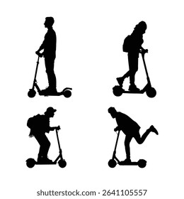 Electric Scooter Rider Silhouette Set Vector Collection of People Riding E-Scooters in Various Poses on White Background