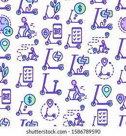 Electric scooter seamless pattern with thin line icons: sharing service, mobile app, QR code, parking, helmet, eco transport, pointer. Modern vector illustration.