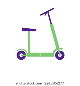 Electric scooter with seat icon. Electro transport logo. Vehicle silhouete with lightning symbol. Flat vector illustration