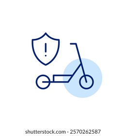 Electric scooter and security shield with exclamation mark. Personal mobility vehicles hazards and safety precautions. Pixel perfect, editable stroke icon