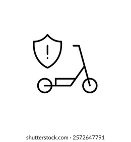 Electric scooter and security shield with exclamation mark. Personal mobility vehicles hazards and safety precautions. Pixel perfect vector icon