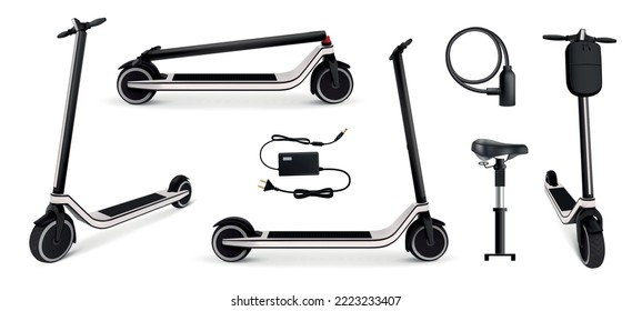 Electric scooter set with battery and charge symbols realistic isolated vector illustration