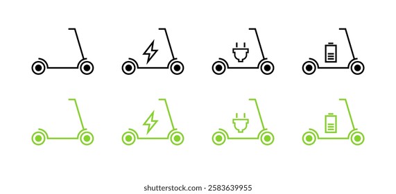 Electric scooter set icons. Linear and flat style. Vector icons.